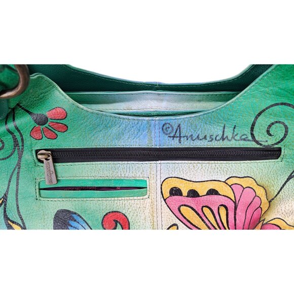 Anuschka Purse Leather Shoulder Bag Large Satchel Hobo Butterfly Floral Green - Picture 4 of 15